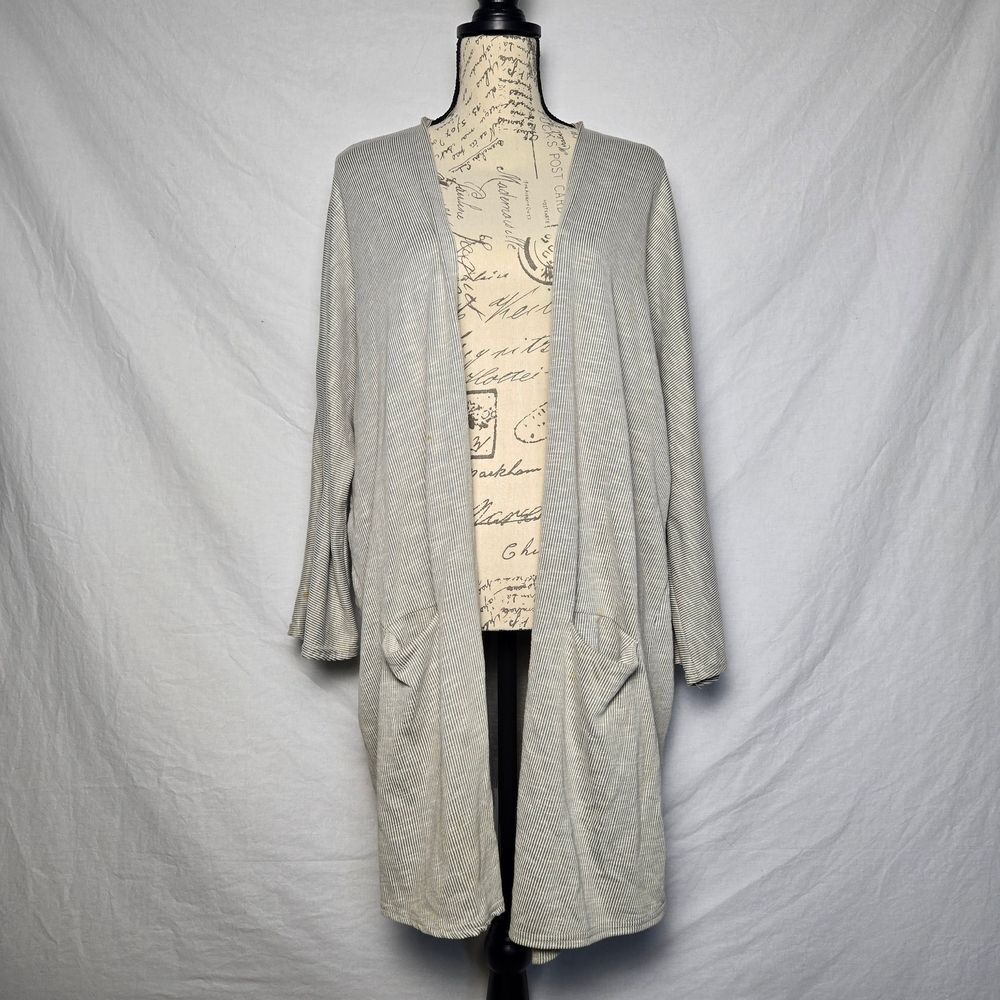 DONNI Gray White Striped Ribbed Duster Cardigan One Size Pockets